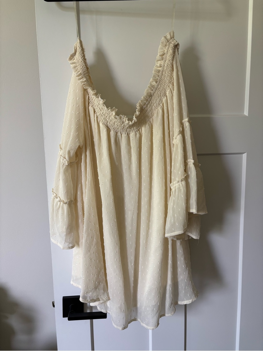 Chic Soul Ivory Swiss Dot Off-Shoulder Tunic